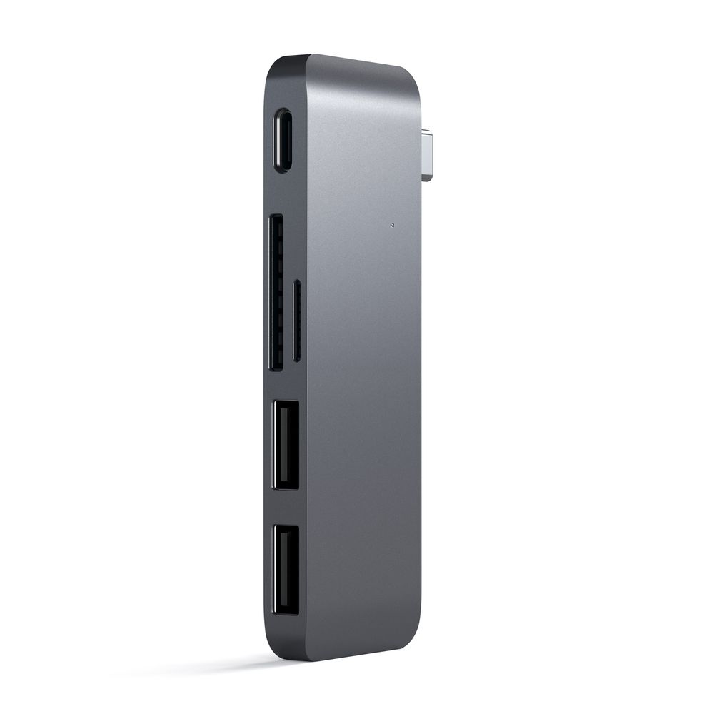 Satechi USB-C USB Pass Through Hub The Satechi Type-C Pass-Through USB Hub with USB-C Charging Port features a Type-C charging port, two USB 3.0 ports, an SD card slot and a Micro SD card slot. Use the Type-C Pass Through Hub to charge your Macbook as wel