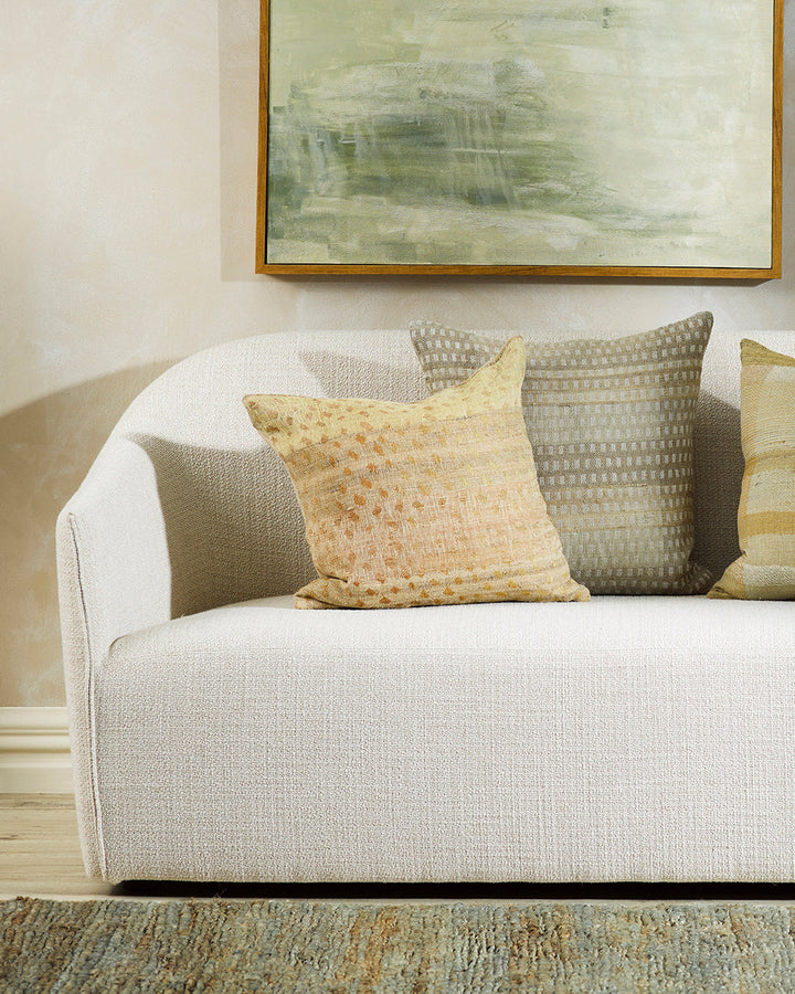 Mojave Cushion Celebrating the beauty of artisanal woven fabric, Mojave is a stunning textural piece in earthy shades of biscuit, gold and caramel. Handwoven in a silk-linen blend, the delicate surface design creates a warm and uplifting artisan aesthetic