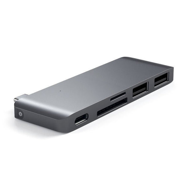 Satechi USB-C USB Pass Through Hub The Satechi Type-C Pass-Through USB Hub with USB-C Charging Port features a Type-C charging port, two USB 3.0 ports, an SD card slot and a Micro SD card slot. Use the Type-C Pass Through Hub to charge your Macbook as wel