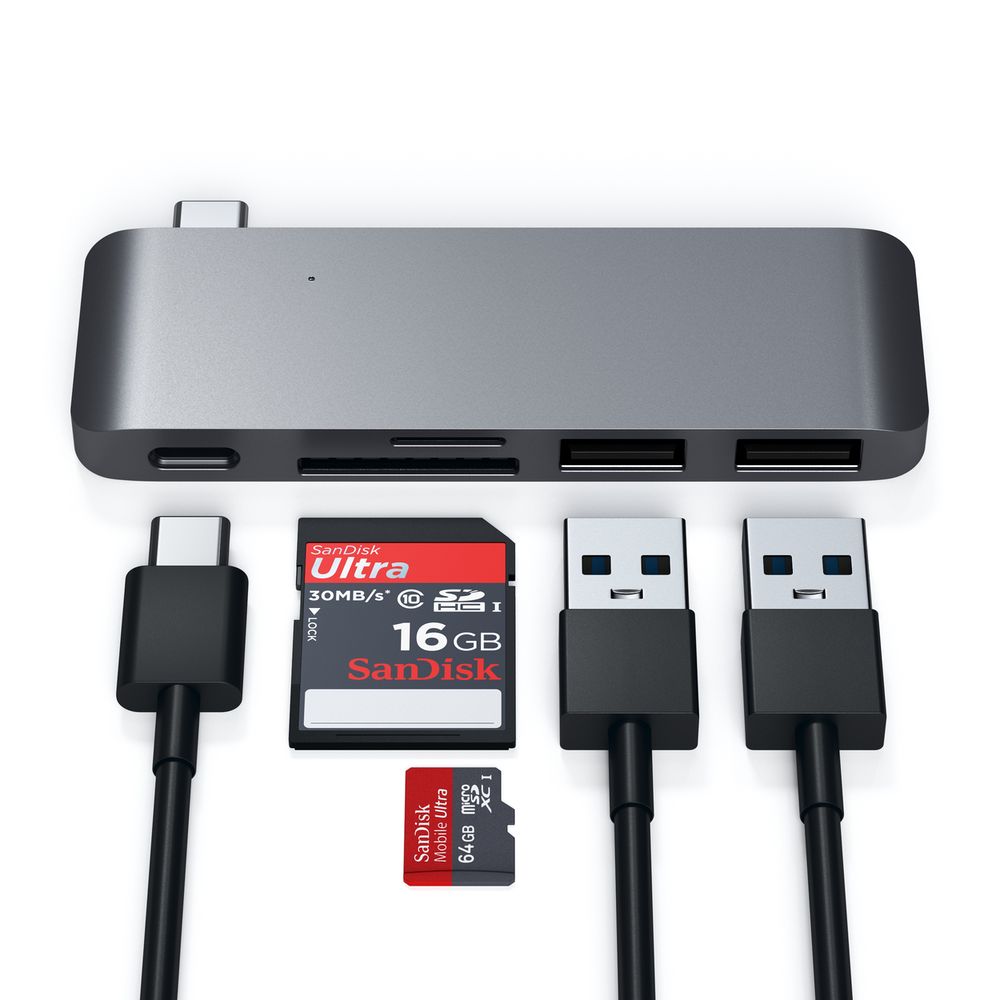 Satechi USB-C USB Pass Through Hub The Satechi Type-C Pass-Through USB Hub with USB-C Charging Port features a Type-C charging port, two USB 3.0 ports, an SD card slot and a Micro SD card slot. Use the Type-C Pass Through Hub to charge your Macbook as wel