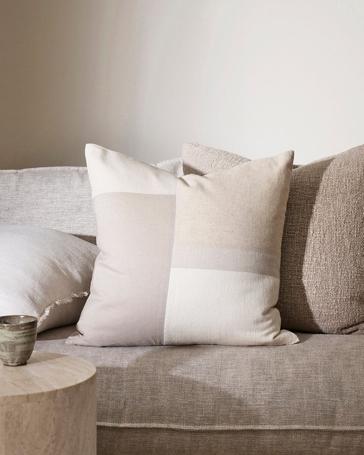 Sherwin Cushion Invite soothing oatmeal and ivory tones into your interior with the understated design of our Sherwin cushion. Crafted from a patchwork of linen and cotton pieces, the subtle differences in weave weights creates gentle visual contrasts wit