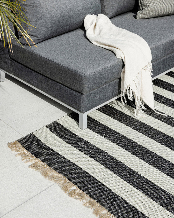 Summit Floor Rug A contemporary and fully reversible outdoor rug. The handcrafted double-weave stripe design looks stunning on any surface and can be used indoors and outdoors interchangeably. Featuring a heavy stripe on one side, and a finer design on th