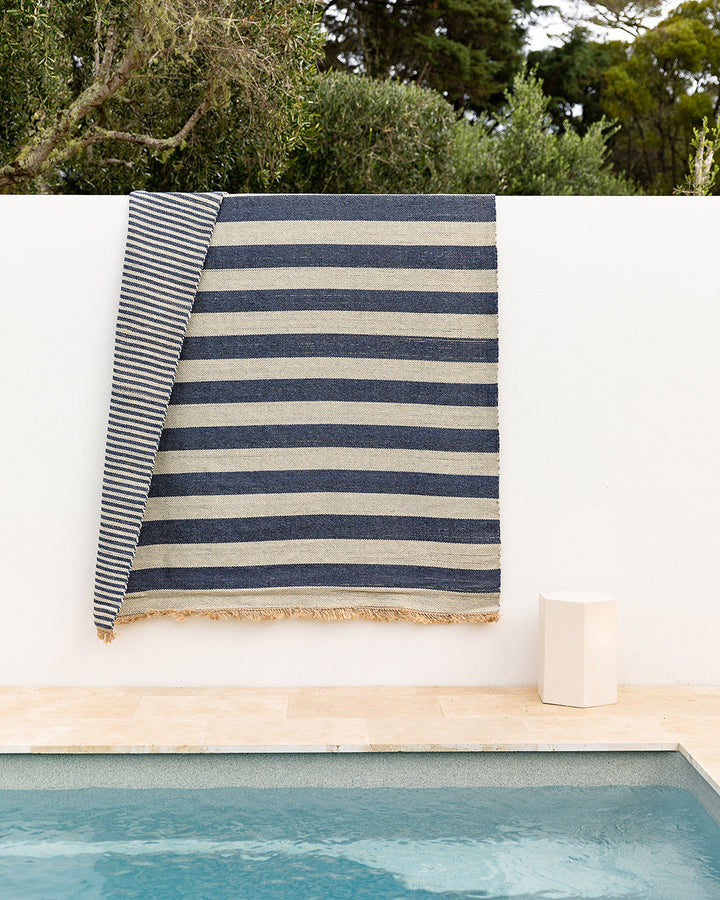 Summit Floor Rug A contemporary and fully reversible outdoor rug. The handcrafted double-weave stripe design looks stunning on any surface and can be used indoors and outdoors interchangeably. Featuring a heavy stripe on one side, and a finer design on th