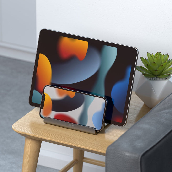 Satechi Dual Vertical Laptop Stand Keep your workstation tidy and every device within reach with Satechi Dual Vertical Stand for laptops and tablets. The 2-in-1 design supports your Macbook and iPad vertically at the same time, improving your working effi