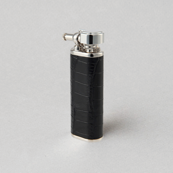 Premium Tsubota Pearl Quest Croco Black Leather petrol lighter, handcrafted in Tokyo, elegant design.