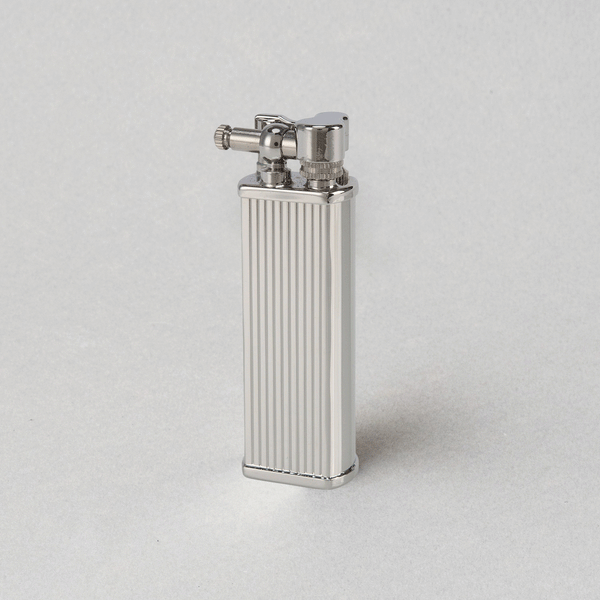 Elegant Tsubota Pearl Bolbo Stripe Silver Lighter, handcrafted in Tokyo with classic ribbed design.