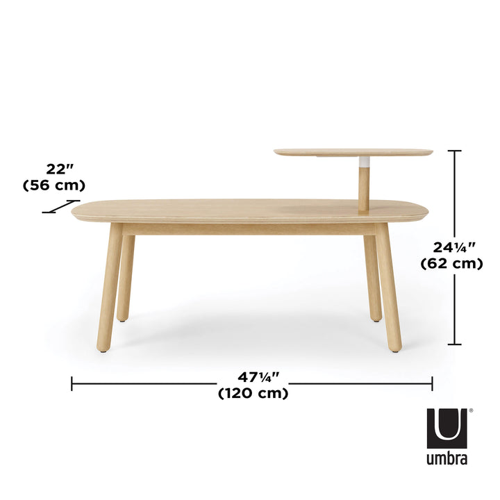 Umbra Swivo Coffee Table In Natural A simple and elegant coffee table, Swivo features a swiveling top tier, providing space for a small plant, tv remotes, drinks and more. With a real wood finish and soft curves, this coffee table adds a subtle modern tou