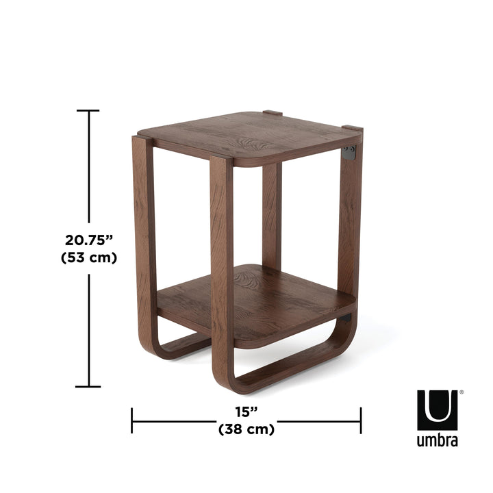 Aged Walnut Bellwood Side Table By Umbra Bellwood features soft bent-wood legs and two open tiers, bringing a warm, airy atmosphere to any living room, bedroom or entryway. This multi-purpose side table boasts ample storage capacity, supporting 90.7 kg an