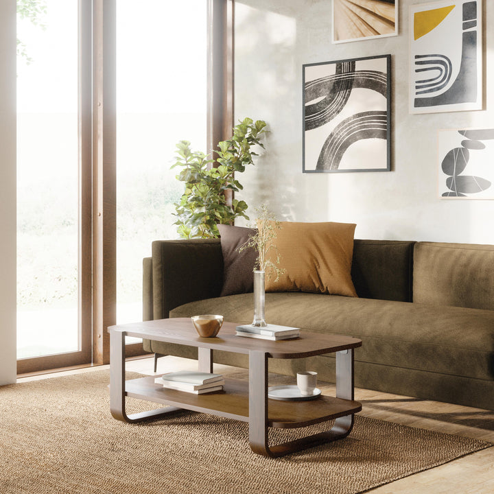 Bellwood Coffee Table Aged Walnut By Umbra Bellwood's bent-wood legs, two open tiers, and capacity of 180 kg make it a great choice for adding a warm, airy touch to your living room, bedroom, or entryway, while its storage capacity allows you to keep plan