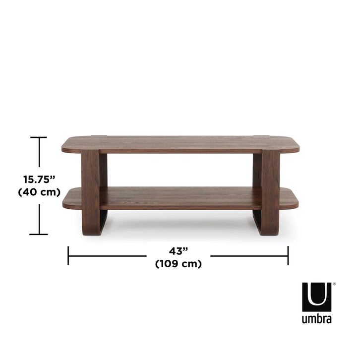 Bellwood Coffee Table Aged Walnut By Umbra Bellwood's bent-wood legs, two open tiers, and capacity of 180 kg make it a great choice for adding a warm, airy touch to your living room, bedroom, or entryway, while its storage capacity allows you to keep plan