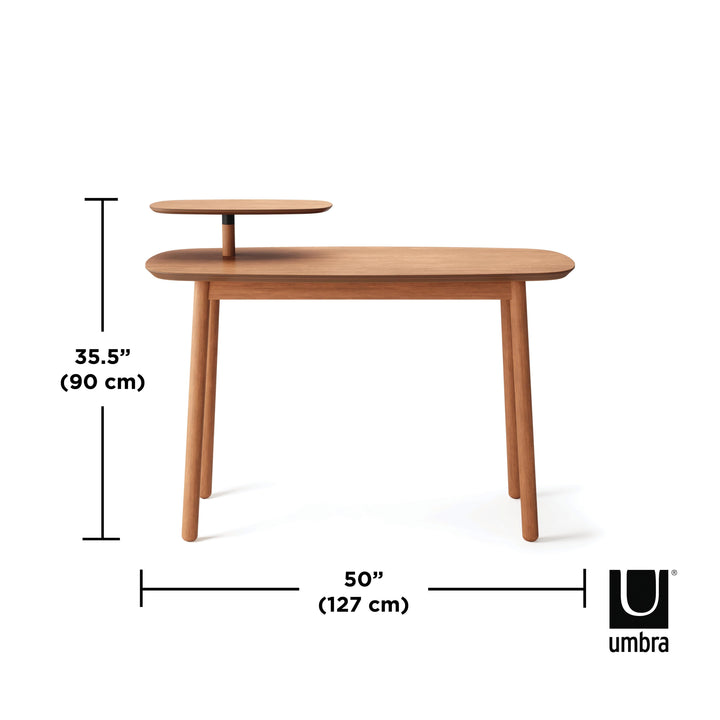 Umbra Swivo Desk Light Walnut 27X56X90Cm Featuring real wood and gentle curves, the Swivo Desk is part of Umbra's Swivo Collection which includes a coffee and side table. Thoughtfully designed with a swivelling top tier, this minimalist, natural-finish de