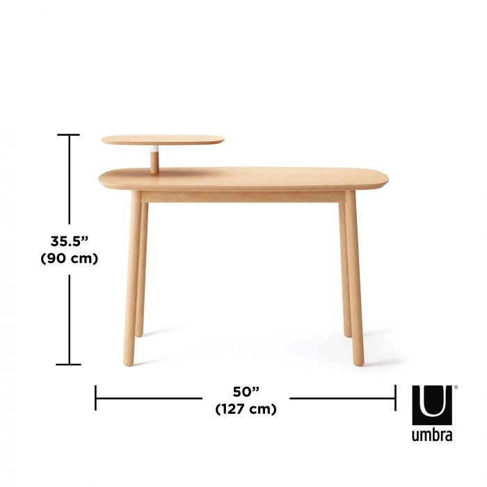 Umbra Swivo Desk In Natural A minimalist and natural-finish desk, Swivo features a swivelling top tier, providing space for a small plant, books, drinks and more.Incorporating real wood and soft curves, this desk adds a subtle modern touch to your work sp