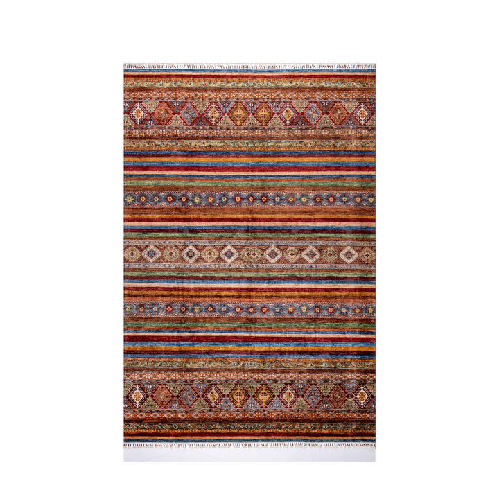 Buy Authentic Fine Afghan Khorjin Afghan Rugs made in Afghanistan at BEON | Size: 212x301cmFoundation: CottonPile: Handspun WoolShape: Rectangular Hand knotted and meticulously crafted by Afghan artisans in Afghanistan, this stunning Khorjin rug is made o