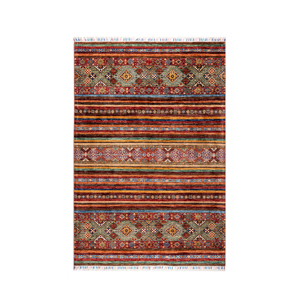 Buy Authentic Afghan Fine Khorjin Afghan Rugs made in Afghanistan at BEON | Size: 178x248cmFoundation: CottonPile: Handspun WoolShape: Rectangular Hand knotted and meticulously crafted by Afghan artisans in Afghanistan, this stunning Khorjin rug is made o