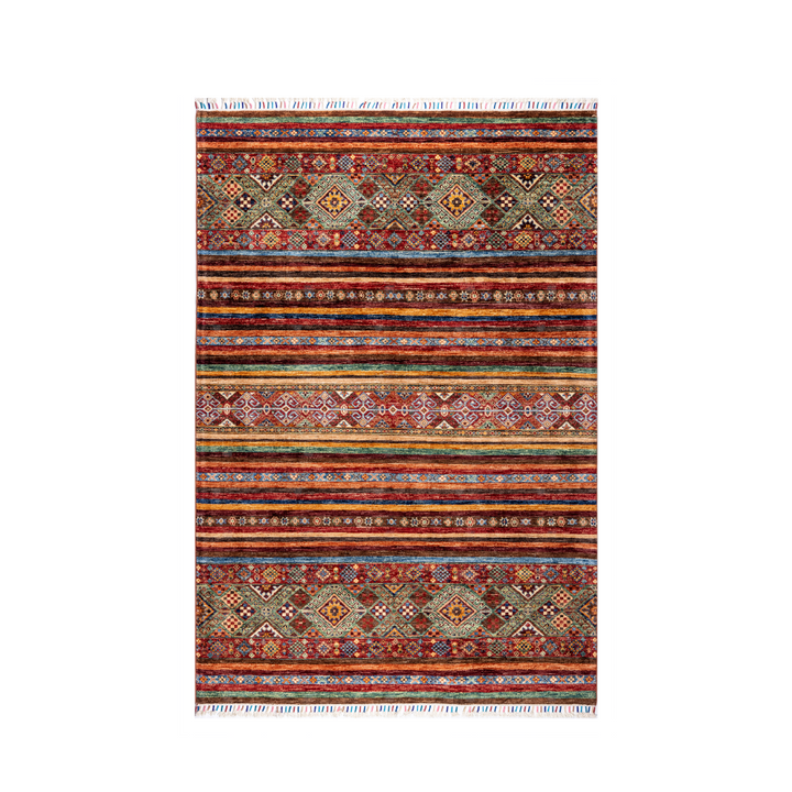 Buy Authentic Afghan Fine Khorjin Afghan Rugs made in Afghanistan at BEON | Size: 178x248cmFoundation: CottonPile: Handspun WoolShape: Rectangular Hand knotted and meticulously crafted by Afghan artisans in Afghanistan, this stunning Khorjin rug is made o