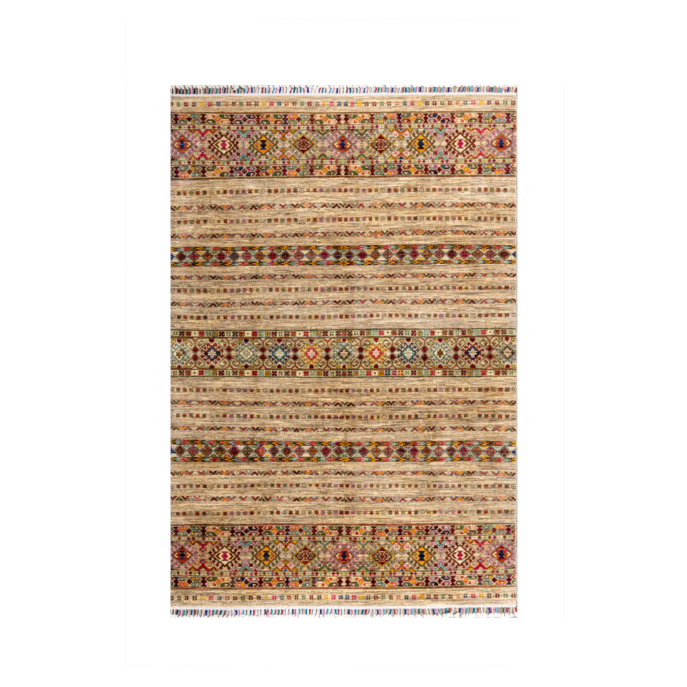 Size: 170x233cmFoundation: CottonPile: Handspun WoolShape: Rectangular Hand knotted and meticulously crafted by Afghan artisans in Afghanistan, this stunning Khorjin rug is made o