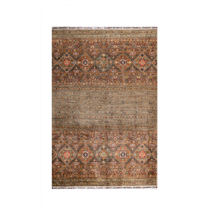 Buy Authentic Afghan Fine Khorjin Afghan Rugs made in Afghanistan at BEON | Size: 172x241cmFoundation: CottonPile: Handspun WoolShape: Rectangular Hand knotted and meticulously crafted by Afghan artisans in Afghanistan, this stunning Khorjin rug is made o