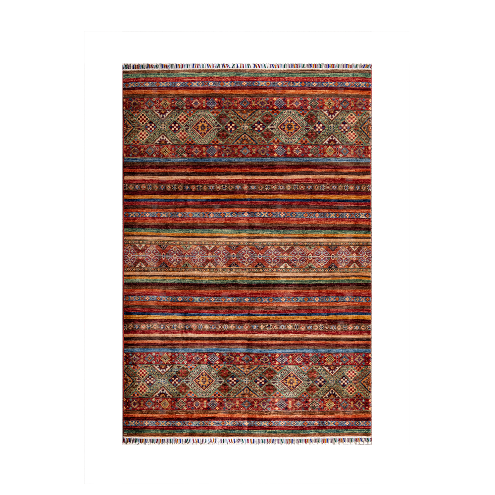 Size: 178x248cmFoundation: CottonPile: Handspun WoolShape: Rectangular Hand knotted and meticulously crafted by Afghan artisans in Afghanistan, this stunning Khorjin rug is made o