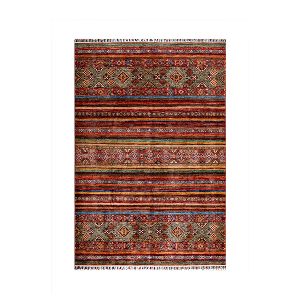 Buy Authentic Afghan Fine Khorjin Afghan Rugs made in Afghanistan at BEON | Size: 178x248cmFoundation: CottonPile: Handspun WoolShape: Rectangular Hand knotted and meticulously crafted by Afghan artisans in Afghanistan, this stunning Khorjin rug is made o