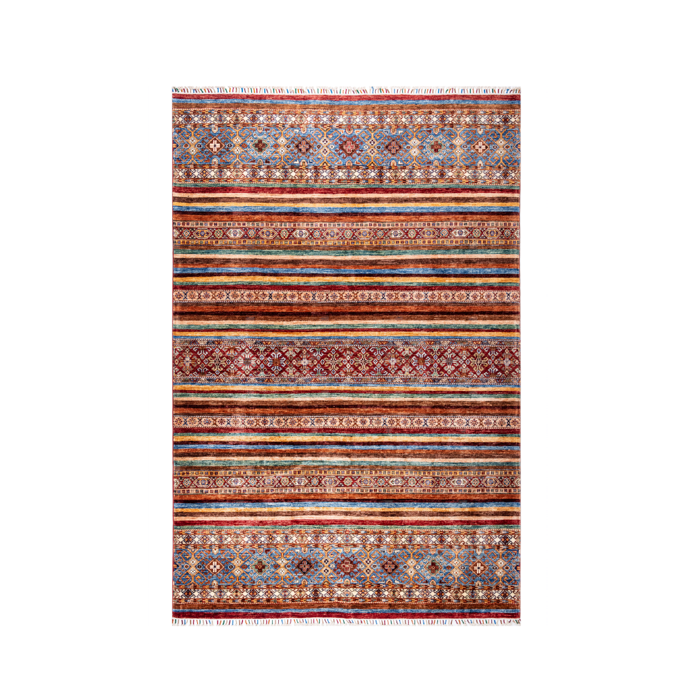 Hand knotted and meticulously crafted by Afghan artisans in Afghanistan, this stunning Khorjin rug is made out of pure handspun wool. Dimenstions:Size: 178x248cmFoun