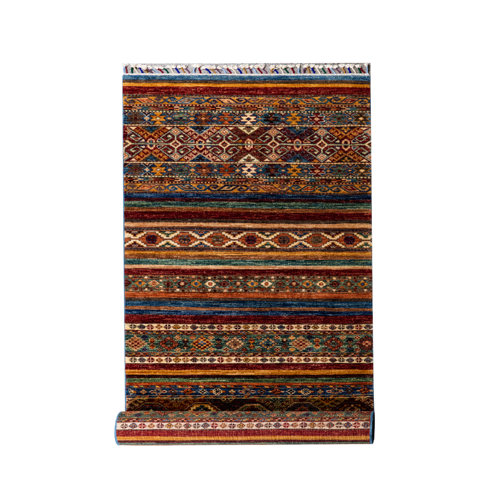 Size: Foundation: CottonPile: Handspun WoolShape: Rectangular Hand knotted and meticulously crafted by Afghan artisans in Afghanistan, this stunning Khorjin runner is made