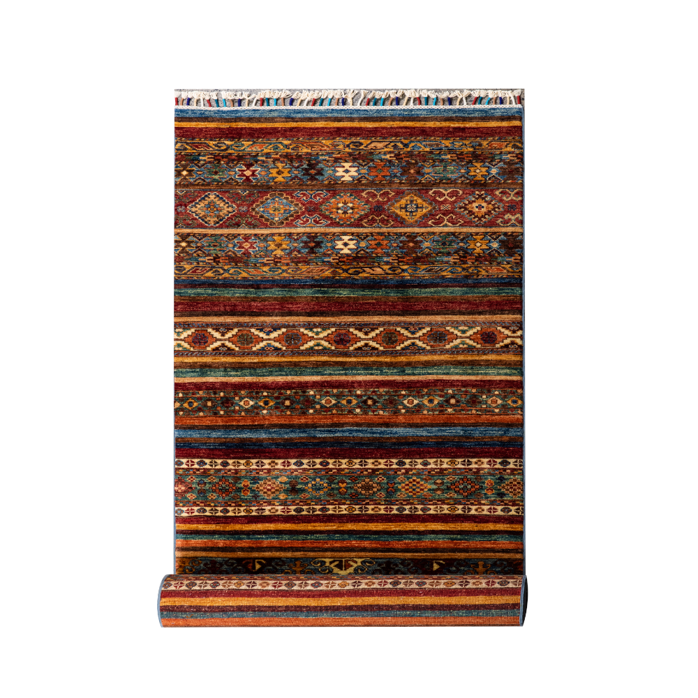 Size: Foundation: CottonPile: Handspun WoolShape: Rectangular Hand knotted and meticulously crafted by Afghan artisans in Afghanistan, this stunning Khorjin runner is made