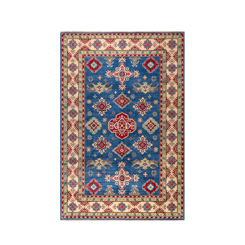 Size: 200x300cmFoundation: CottonPile: Handspun WoolShape: Rectangular Hand knotted and meticulously crafted by Afghan artisans in Afghanistan, this stunning Kazak rug is made