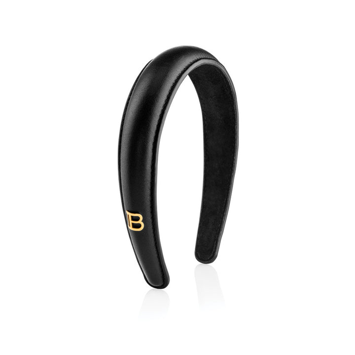 Balmain Signature Luxury Puffed Leather Headband - Black Fw22 Genuine napa leather headband with a puffed silhouette. Embellished with 18K gold plated logo element. Adds the perfect amount of hight to each hairstyle. With nubuck lining on the inside to gi