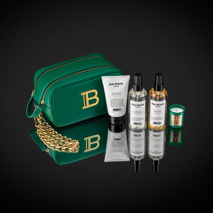 Balmain Limited Edition Green Pouch Fw22 Signature vegan leather pouch embellished with golden logo plaque. Perfect to store all hair care essentials. Including the bestselling Signature Foundation duo to create the perfect styling base for any hairstyle