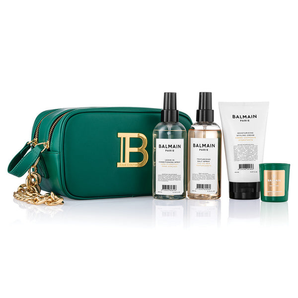 Balmain Limited Edition Green Pouch Fw22 Signature vegan leather pouch embellished with golden logo plaque. Perfect to store all hair care essentials. Including the bestselling Signature Foundation duo to create the perfect styling base for any hairstyle