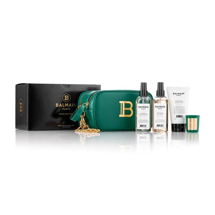 Balmain Limited Edition Green Pouch Fw22 Signature vegan leather pouch embellished with golden logo plaque. Perfect to store all hair care essentials. Including the bestselling Signature Foundation duo to create the perfect styling base for any hairstyle