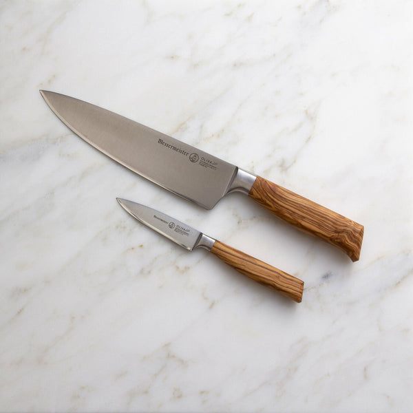 Buy online & save Oliva Elite 2 Piece Chef & Parer Set |Messermeister |BEON.COM.AU Oliva Elité 2 Piece Chef &amp; Parer Set This two piece set consists of the Messermeister Oliva Elité 8 Inch Stealth Chef's Knife (E6686 8S) and Oliva Elité 3.5 Inch Spear Point Paring Knife (E6691-3). They are the two most widely used knives in the kitchen.  Features The German 1.4116 st... Messermeister at BEON.COM.AU