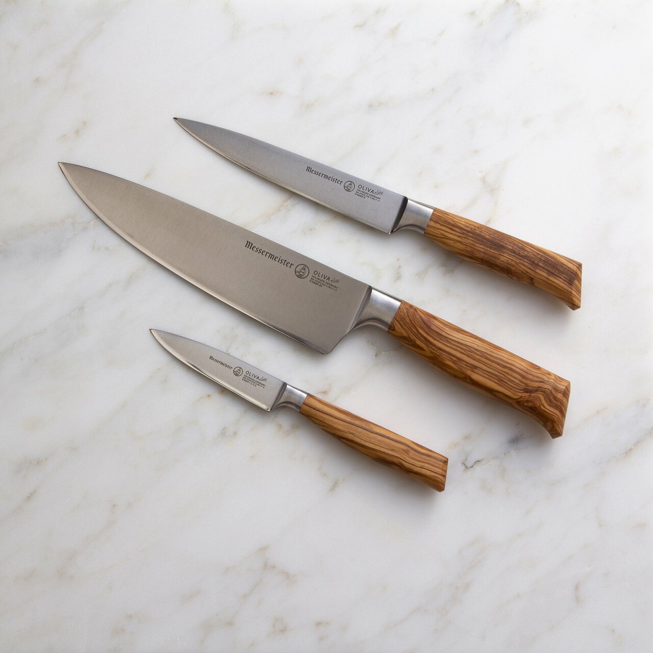 BEON.COM.AU Oliva Elité 3 Piece Starter Set The Messermeister Oliva Elité 3 Piece Starter Set consists of an 8 Inch Stealth Chef's Knife (E6686 8S), 6 Inch Utility Knife (E6688 6), and 3.5 Inch Spear Point Paring Knife (E6691-3). These three are the most utilized knives in the kitchen!  Features The Germ... Messermeister at BEON.COM.AU