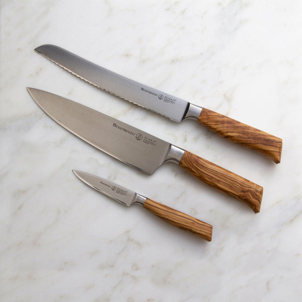 Buy online & save Oliva Elite 3 Piece Trio Set |Messermeister |BEON.COM.AU Oliva Elité 3 Piece Trio Set The Messermeister Oliva Elité 3 Piece Trio Set consists of an 8 Inch Stealth Chef's Knife (E6686 8S), 3.5 Inch Spear Point Paring Knife (E6691 3) and 9 Inch Scalloped Bread Knife (E6699 9). These are the three most utilized knives in the kitchen! Features The Germ... Messermeister at BEON.COM.AU