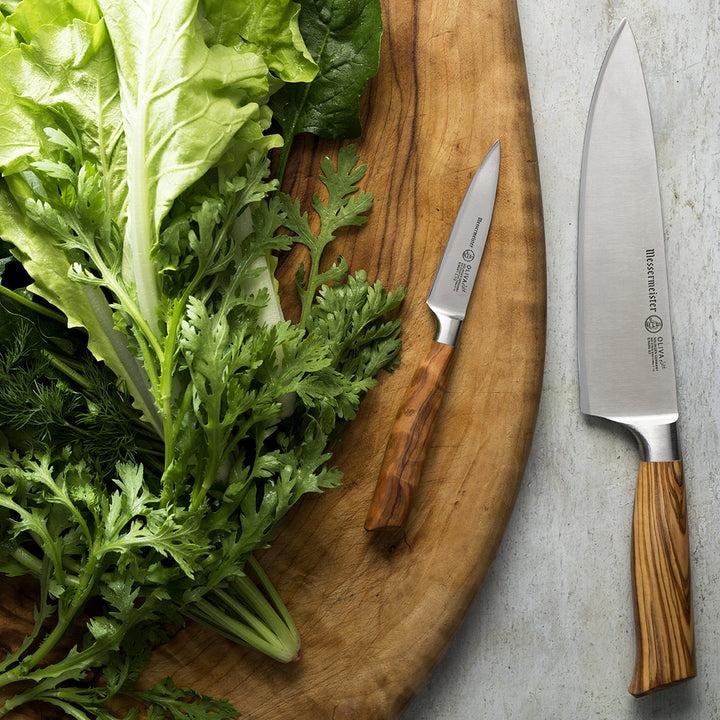 Buy online & save Oliva Elite 2 Piece Chef & Parer Set |Messermeister |BEON.COM.AU Oliva Elité 2 Piece Chef &amp; Parer Set This two piece set consists of the Messermeister Oliva Elité 8 Inch Stealth Chef's Knife (E6686 8S) and Oliva Elité 3.5 Inch Spear Point Paring Knife (E6691-3). They are the two most widely used knives in the kitchen.  Features The German 1.4116 st... Messermeister at BEON.COM.AU