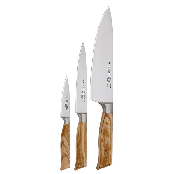 Buy online & save Oliva Elite 3 Piece Starter Set |Messermeister |BEON.COM.AU Oliva Elité 3 Piece Starter Set The Messermeister Oliva Elité 3 Piece Starter Set consists of an 8 Inch Stealth Chef's Knife (E6686 8S), 6 Inch Utility Knife (E6688 6), and 3.5 Inch Spear Point Paring Knife (E6691-3). These three are the most utilized knives in the kitchen!  Features The Germ... Messermeister at BEON.COM.AU