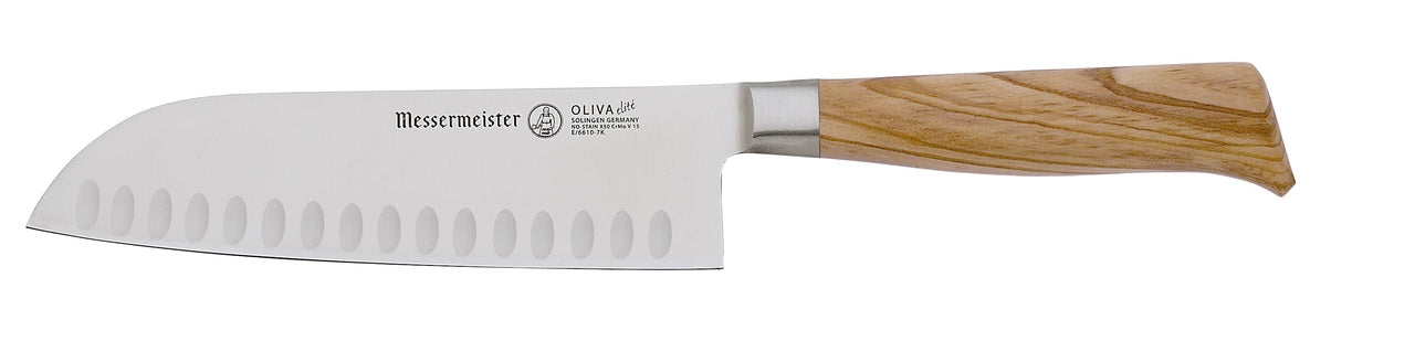 BEON.COM.AU E6610 7K      Oliva Elite 7 Inch Kullenschliff Santoku Knife The Messermeister Oliva Elite 7 Inch Kullenschliff Santoku is a versatile Japanese chef’s knife with a thin taper for maximum precision when slicing vegetables, fish and meat. The hollow oval shape of the kullens on either side of the b... Messermeister at BEON.COM.AU