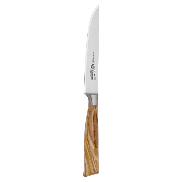 Buy online & save Oliva Elite Multi-Edge Steak Knife 4.5 Inch (11.4cm) |Messermeister |BEON.COM.AU E6683 4         Oliva Elite 4.5 Inch Multi-Edge Steak Knife The Messermeister Oliva Elite Steak Knife is a 3.5 Inch personal sized carving knife. This steak knife is expertly crafted and has a slicing blade with an upward curved tip. The main cutting edge on this steak knife is used to slice indi... Messermeister at BEON.COM.AU