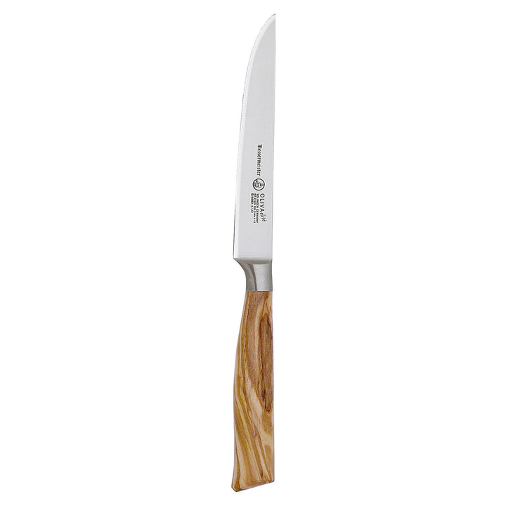 Buy online & save Oliva Elite Multi-Edge Steak Knife 4.5 Inch (11.4cm) |Messermeister |BEON.COM.AU E6683 4         Oliva Elite 4.5 Inch Multi-Edge Steak Knife The Messermeister Oliva Elite Steak Knife is a 3.5 Inch personal sized carving knife. This steak knife is expertly crafted and has a slicing blade with an upward curved tip. The main cutting edge on this steak knife is used to slice indi... Messermeister at BEON.COM.AU