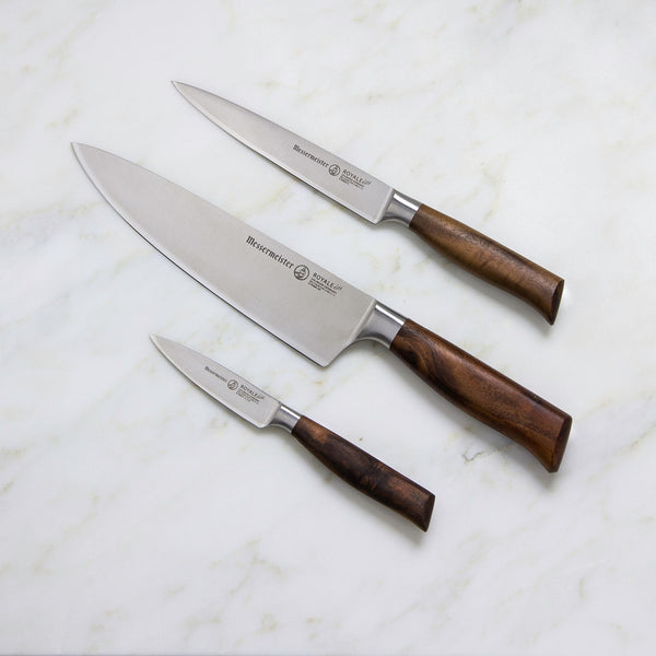 Buy online & save Royale Elite 3 Piece Starter Set |Messermeister |BEON.COM.AU E9000 3S         Royal Elite 3 Piece Starter Set The Messermeister Royale Elité 3 Piece Starter Set consists of an 8 Inch Stealth Chef's Knife (E9686 8S), 6 Inch Utility Knife (E9688 6), and 3.5 Inch Spear Point Paring Knife (E9691 3). These three are the most utilized knives in the kitchen. ... Messermeister at BEON.COM.AU