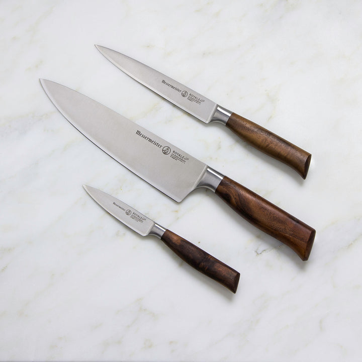 Buy online & save Royale Elite 3 Piece Starter Set |Messermeister |BEON.COM.AU E9000 3S         Royal Elite 3 Piece Starter Set The Messermeister Royale Elité 3 Piece Starter Set consists of an 8 Inch Stealth Chef's Knife (E9686 8S), 6 Inch Utility Knife (E9688 6), and 3.5 Inch Spear Point Paring Knife (E9691 3). These three are the most utilized knives in the kitchen. ... Messermeister at BEON.COM.AU