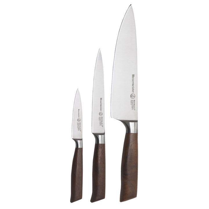 Buy online & save Royale Elite 3 Piece Starter Set |Messermeister |BEON.COM.AU E9000 3S         Royal Elite 3 Piece Starter Set The Messermeister Royale Elité 3 Piece Starter Set consists of an 8 Inch Stealth Chef's Knife (E9686 8S), 6 Inch Utility Knife (E9688 6), and 3.5 Inch Spear Point Paring Knife (E9691 3). These three are the most utilized knives in the kitchen. ... Messermeister at BEON.COM.AU