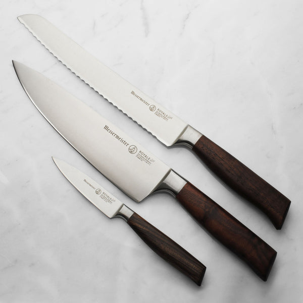 Buy online & save Royale Elite 3 Piece Trio Set |Messermeister |BEON.COM.AU E9000 3T         Royal Elite 3 Piece Trio Set The Messermeister Royale Elité 3 Piece Trio Set consists of an 8 Inch Stealth Chef's Knife (E9686 8S), 9 Inch Bread Knife (E9699 9), and 3.5 Inch Spear Point Paring Knife (E9691 3). These three are the most utilized knives in the kitchen. Features... Messermeister at BEON.COM.AU