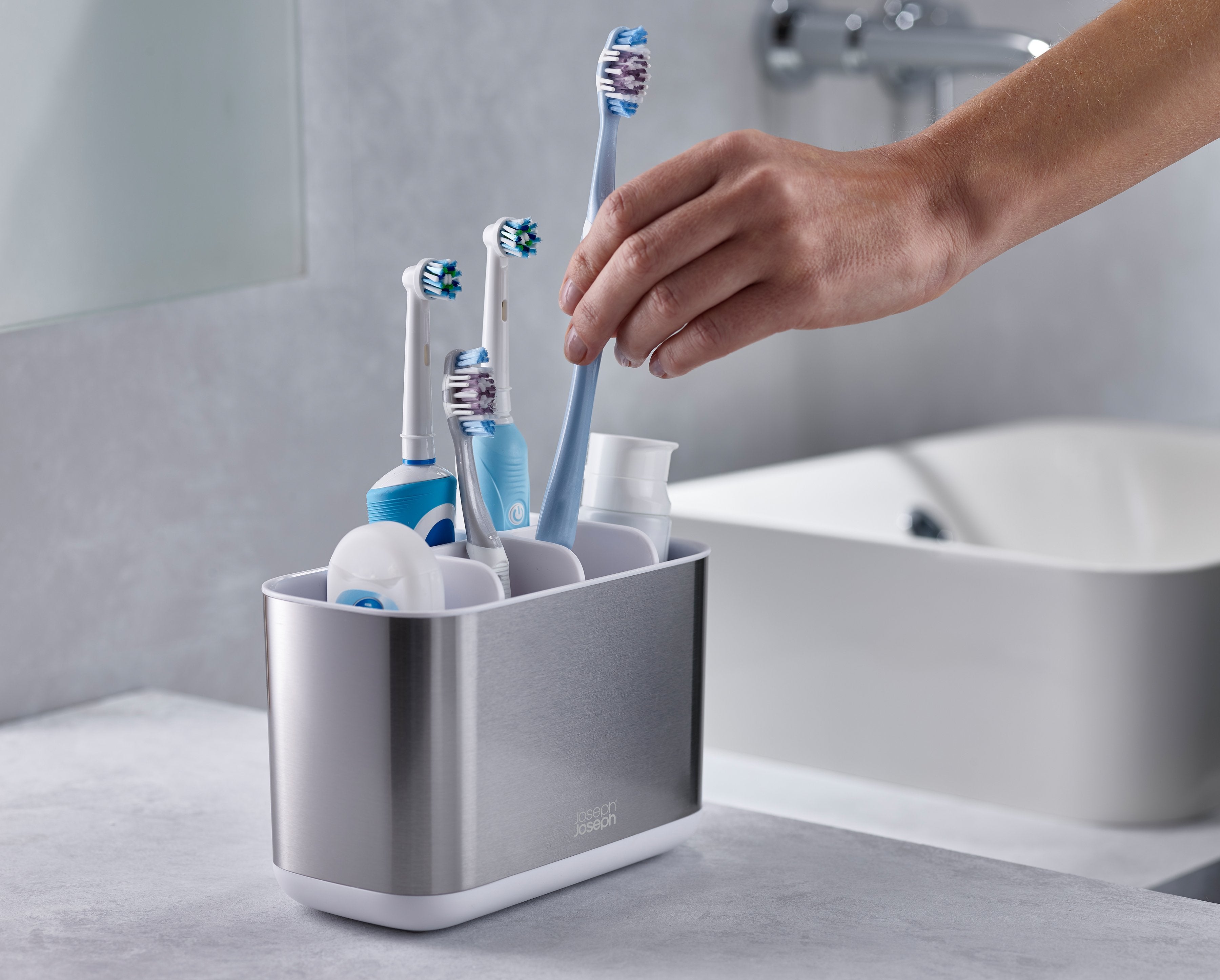 BEON.COM.AU  These compact toothbrush caddies are divided into different sections to provide organised storage for a variety of oral care items, such as manual or electric toothbrushes and toothpaste tubes.  Suitable for storing electric or battery toothbrushes and toothpaste tubes Stainless-steel finish wit... Joseph Joseph at BEON.COM.AU