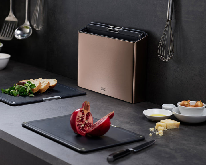 Buy online & save Folio™ Steel 4-piece Chopping Board Set | BEON.COM.AU Product Details This stunning set features a slimline case that holds four large chopping boards and makes a real statement on your worktop.  4 chopping boards with non-slip feet Knife-friendly, textured cutting surfaces Stainless-steel bars for easy board selection Fingerprint-proof stainless-st... Joseph Joseph at BEON.COM.AU