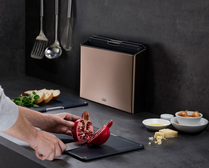 Buy online & save Folio™ Steel 4-piece Chopping Board Set | BEON.COM.AU Product Details This stunning set features a slimline case that holds four large chopping boards and makes a real statement on your worktop.  4 chopping boards with non-slip feet Knife-friendly, textured cutting surfaces Stainless-steel bars for easy board selection Fingerprint-proof stainless-st... Joseph Joseph at BEON.COM.AU