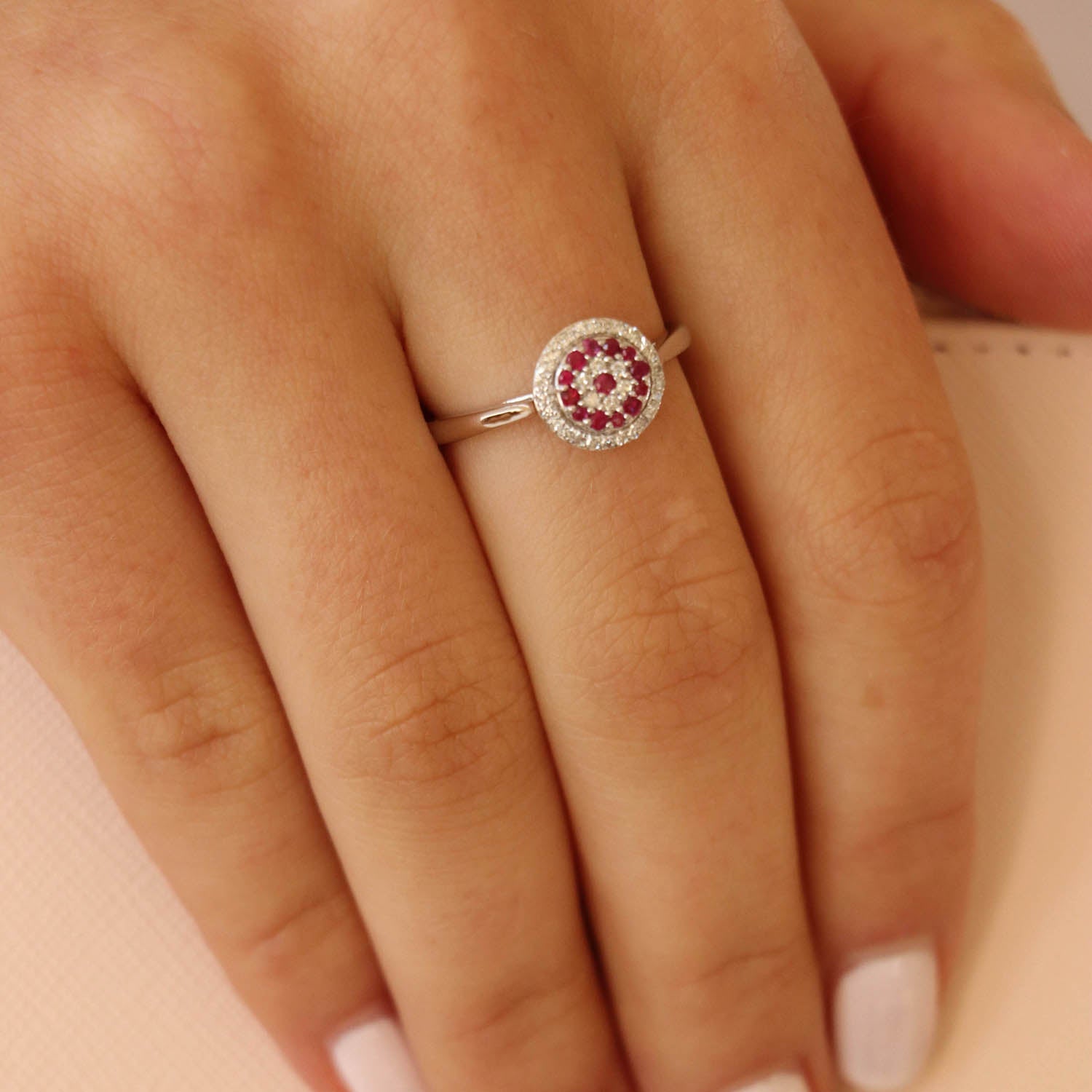Ruby Ring with 0.12ct Diamond in 9K White Gold