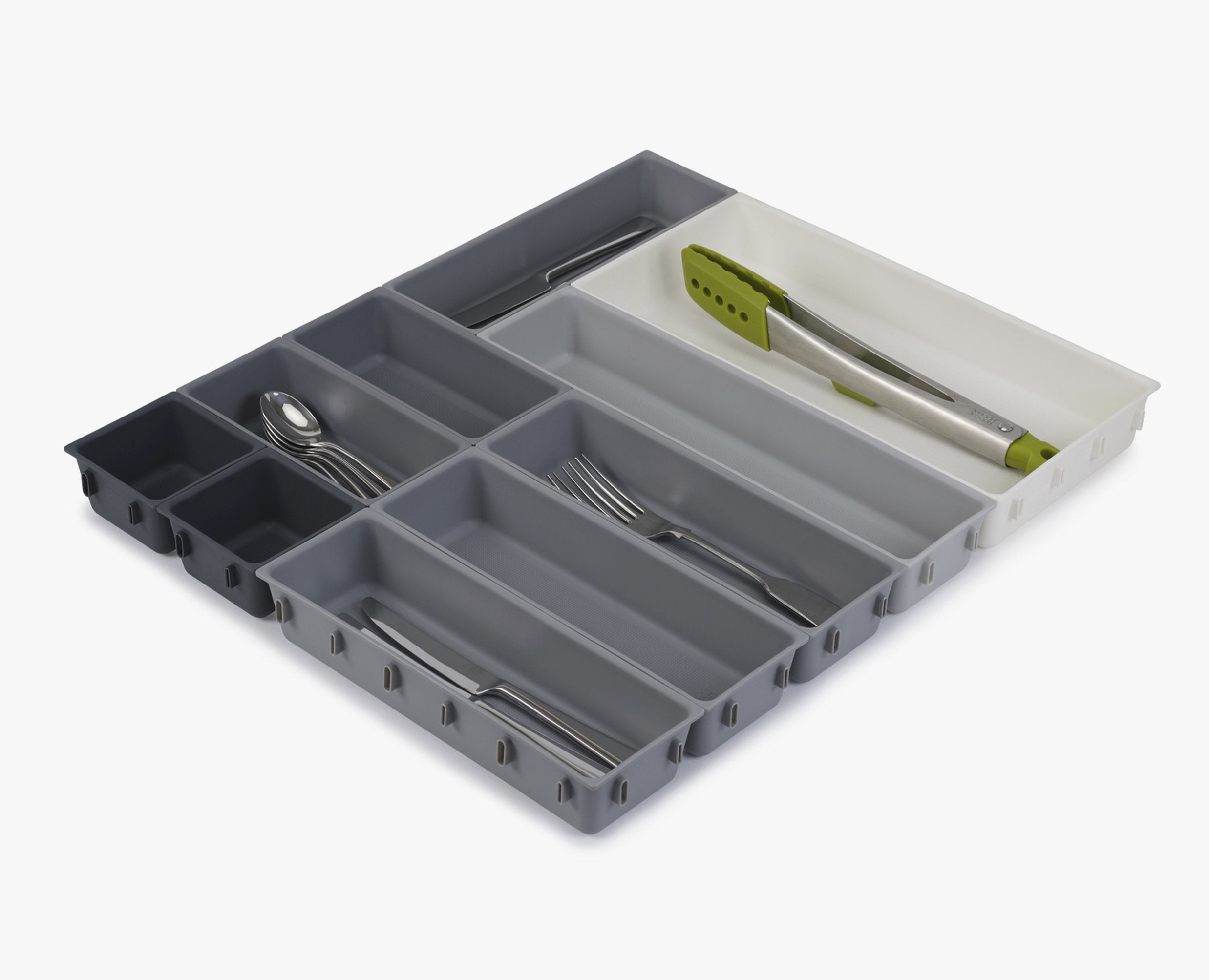 BEON.COM.AU  This clever drawer organisation set includes ten different sized trays that can be clipped together on all sides so you can easily arrange them in any order to fit your drawer space.  Individual compartments clip easily together on all sides Modular design can be customised to fit drawer space P... Joseph Joseph at BEON.COM.AU