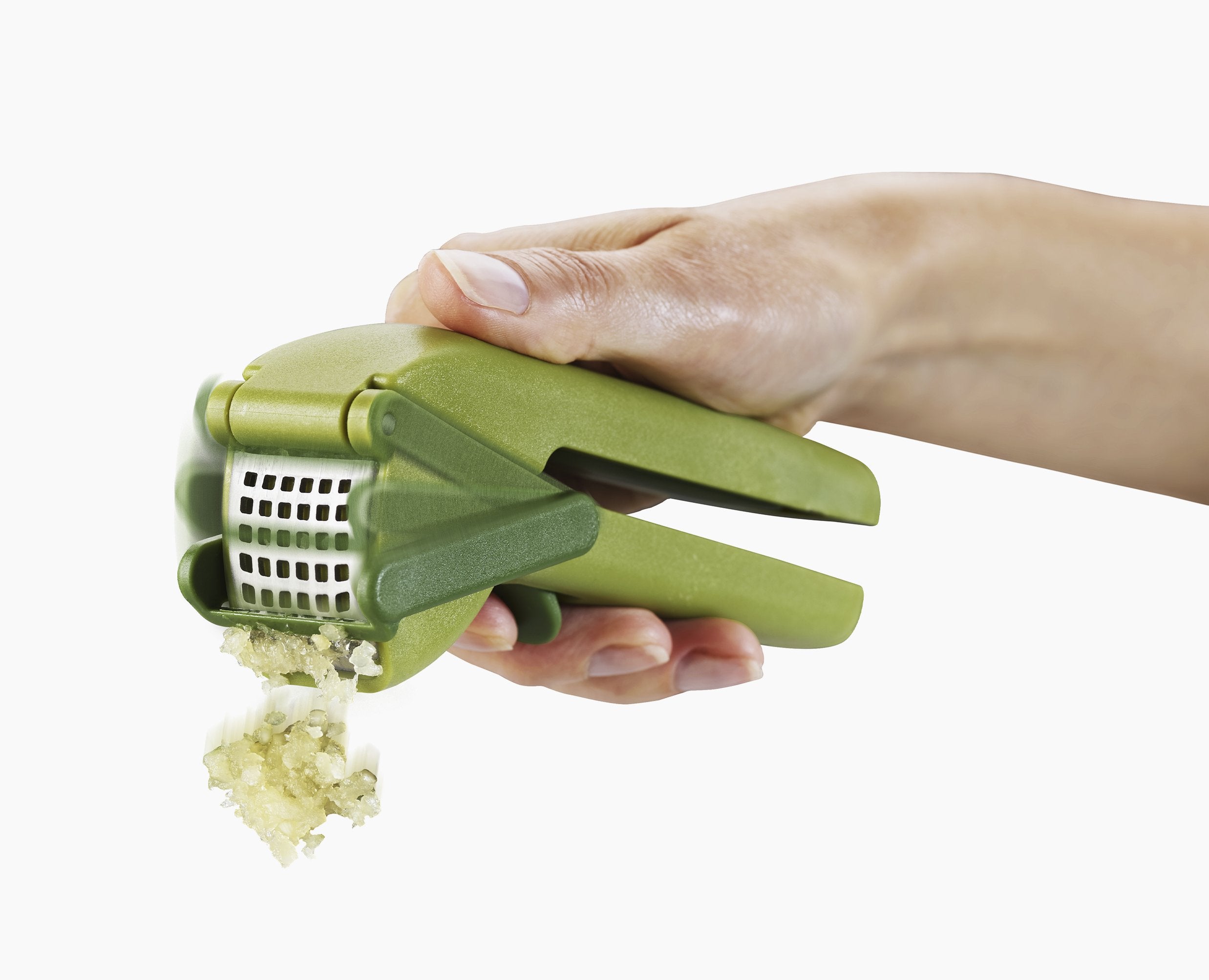 BEON.COM.AU  This powerful garlic press crushes cloves with ease and features a wiper blade and a handy scraping tool for easy cleaning.  Powerful, easy-squeeze mechanism Easy-clean design Trigger-operated wiper blade removes crushed garlic Handy cleaning tool for removing trapped garlic and skin from crushi... Joseph Joseph at BEON.COM.AU