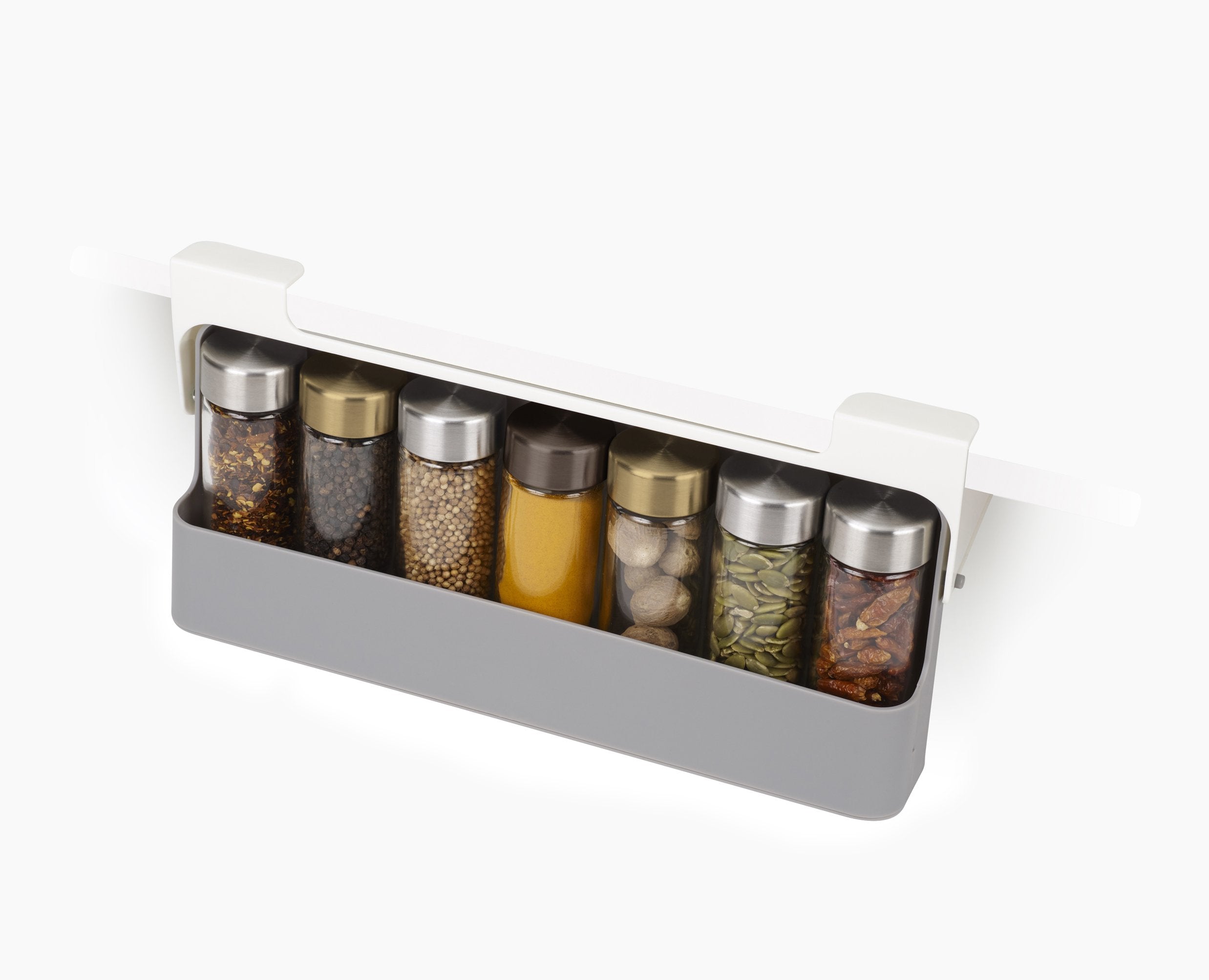 BEON.COM.AU  This innovative design makes use of the space beneath your shelves that would normally go unused with a handy pull-out compartment that holds up to 7 spice jars.  Unique design utilises unused space beneath the shelf Easy pull-out compartment with drawer stop Holds up to 7 standard spice jars (j... Joseph Joseph at BEON.COM.AU